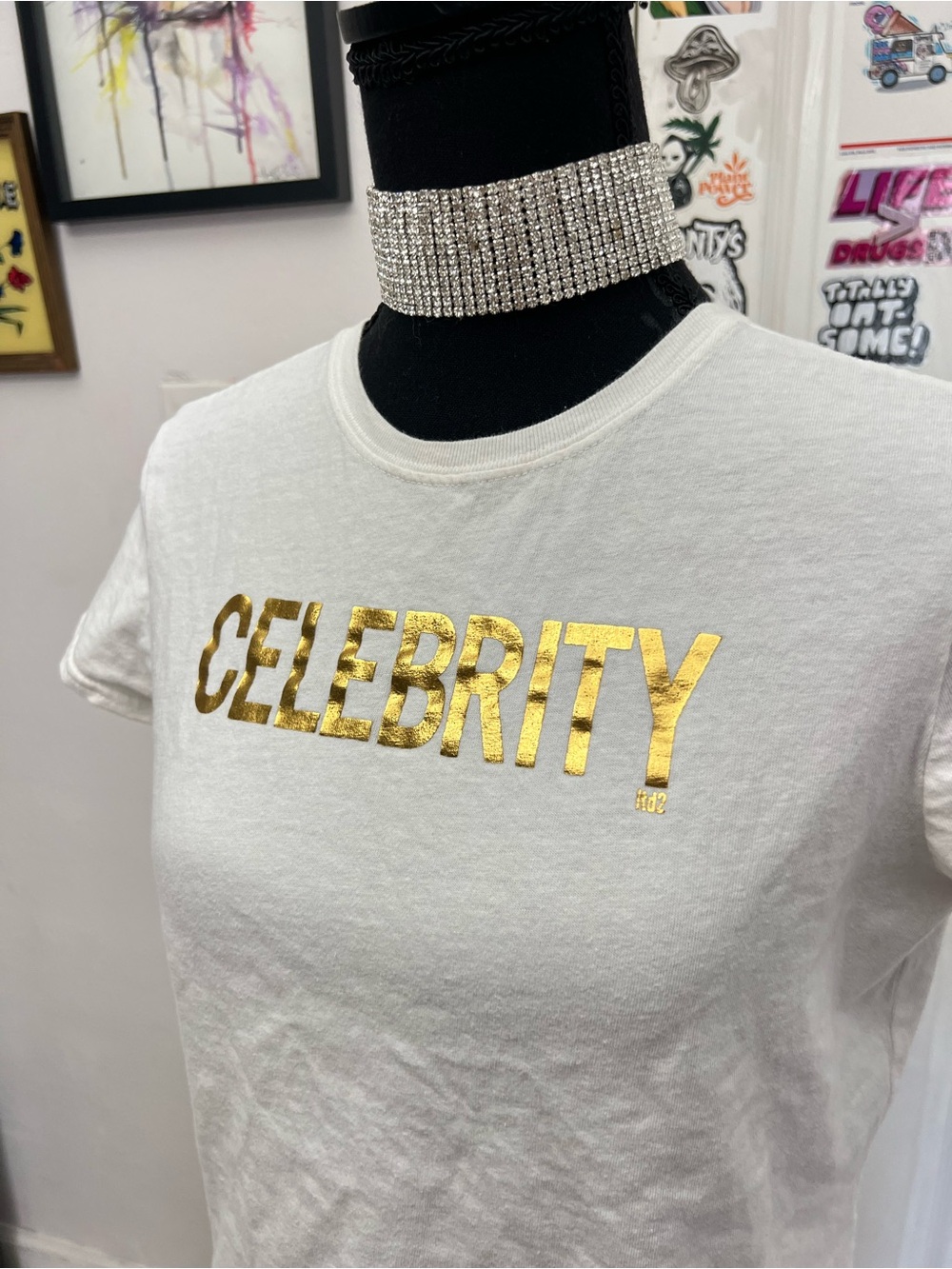 Limited Too White Tee with Gold 'CELEBRITY' Foil Graphic (minor stains)